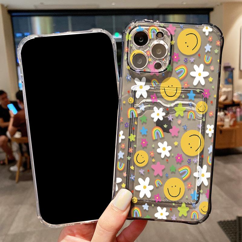Card Holder Smile Phone Case For iPhone 11 Fundas iPhone 13 16E 16 Pro Max14 15 12 XR X Xs 7 8 Plus SE Shockproof Soft TPU Cover