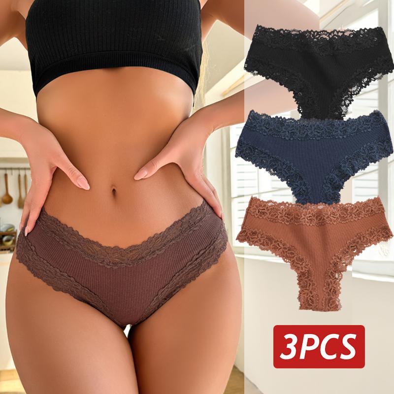 3PCS/Set Sexy Lace Panties for Women Cotton Brazilian Panties Female Low Rise Breathable Underwear Solid Colors Floral Lingerie