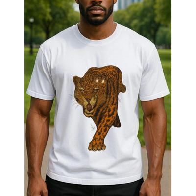 European Sizes Powerful Leopard Men's Printed Short-sleeved T-shirt, Men's Simple Knitted T-shirt, Men's Casual Printed Shirt