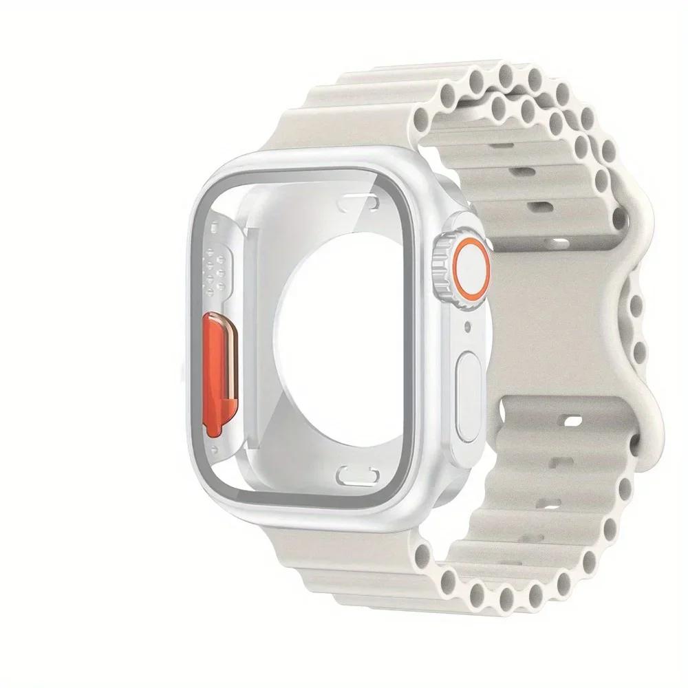 PC Firm Cover+Strap for Apple Watch Band 44 46 45mm 41/40mm Glass+Case Silicone Bracelet Correa IWatch Series 10 9 8 7 SE 6 5 4