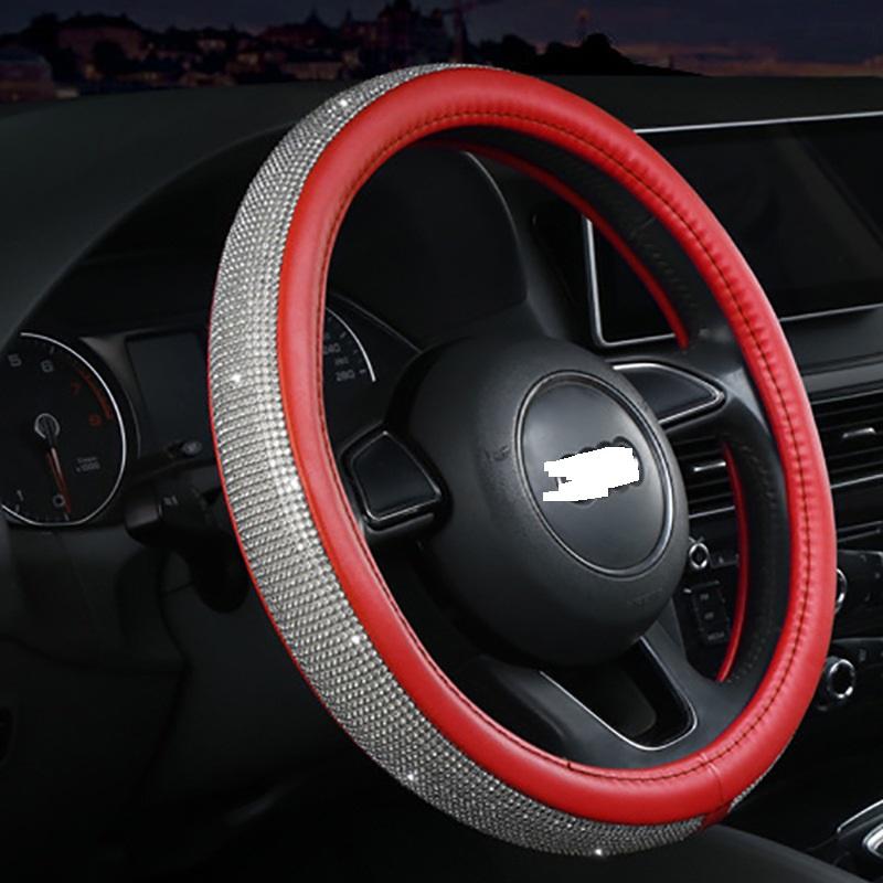 

Car Steering Sparkling Wheel Cover Leather With Diamond Inlay Universal Fit Red White