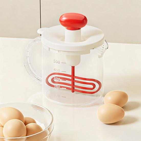 Press Egg Beater, Manual Push Down Mixer for Baking, 500ml Measuring Cup with Whisk, Multifunctional Stirrer for Pancake Milk
