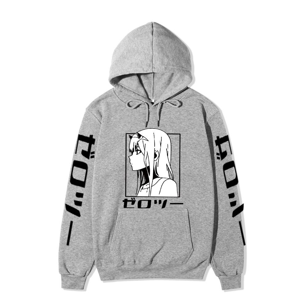 Zero Two Side Profile Anime Hoodie Japanese Letter Print Black Casual Long Sleeve Hooded Sweatshirt Pullover