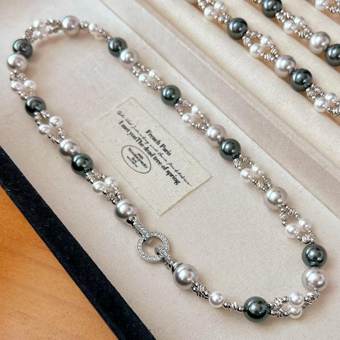 Vintage Wrapped Black Grey Tahitian Faux High Quality Pearl Double Necklace