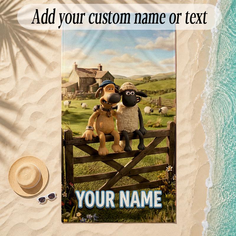 Beach TowelShaun the Sheep Custom Name Text Personalized Soft Towel for Beach Pool Indoor Home Decor Gift