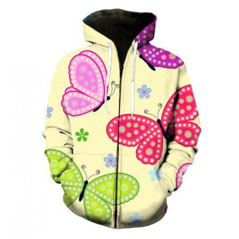 Mens Hooded Zip-Up Sweatshirt With 3D Butterfly Print Stand-Up Collar Front Patch Pockets Loose Fit Fall Casual Wear