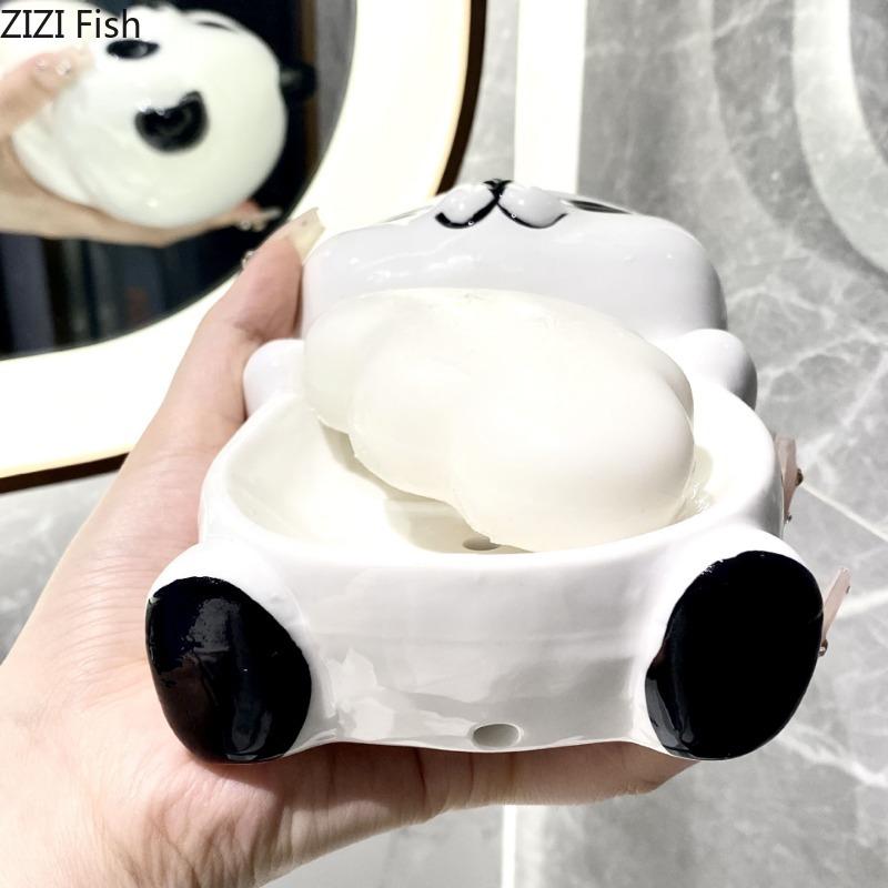 Cute Panda Soap Dish Hotel Wash Desk Drain Fertilizer Soap Dish Ceramic Storage Decor Bathroom Accessories Home Decoration Art