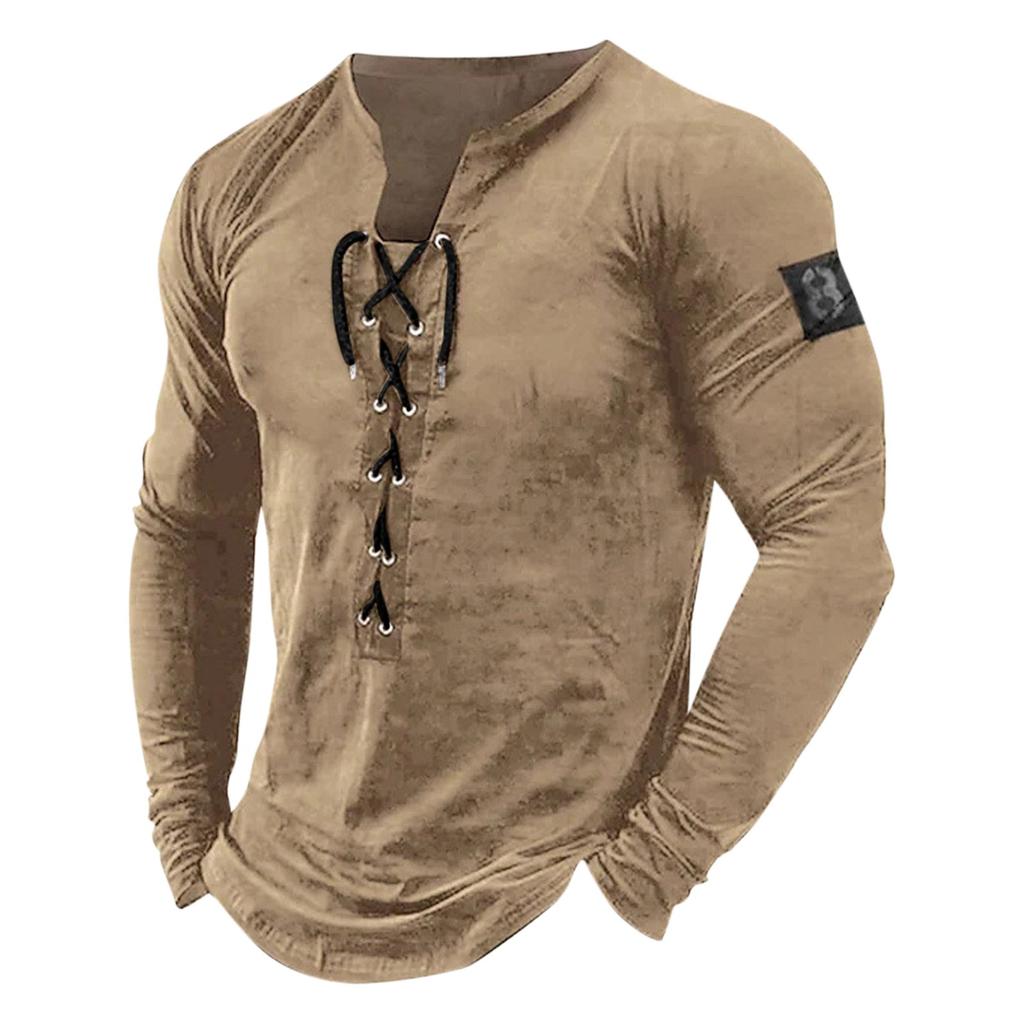 Pánske outdoorové vintage šnurovacie tričko s kapucňou a dlhým rukávom jesenné obyčajné ležérne top