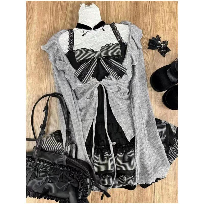 Süßes Lolita Dreiteiliges Set für Frühling und Herbst Schnürung Rüschen Strickjacke Sexy Enganliegend Trägerloses Weste Oberteile Hohe Taille Raffung Röcke
