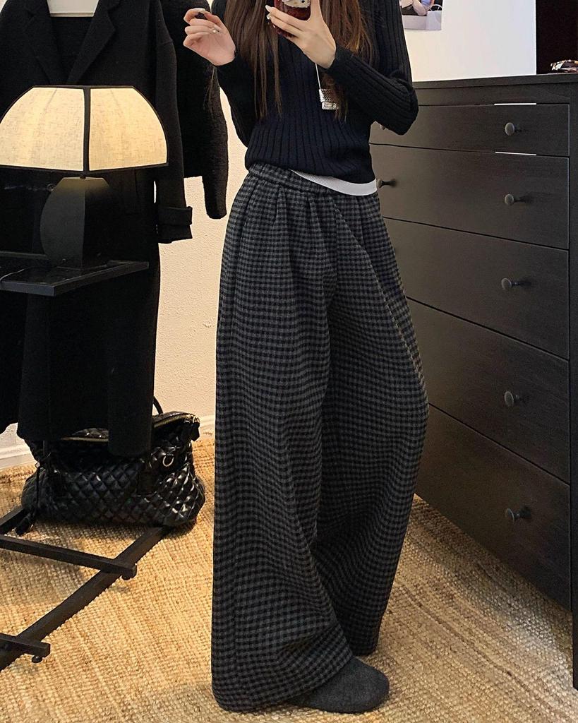 Two-Color Retro Plaid Velvet Fleece-Lined Wide-Leg Casual Pants