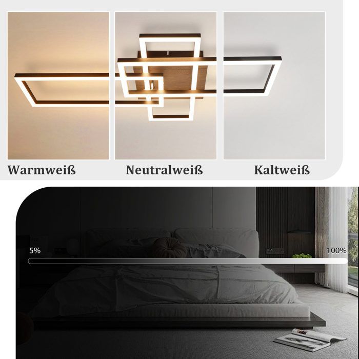 Plafonnier LED Rectangulaire en Bois Noir NETTLIFE, 3 Cadres, Dimmable 3 000 K - 6 500 K, Design Moderne pour Salon Chambre Cuisine