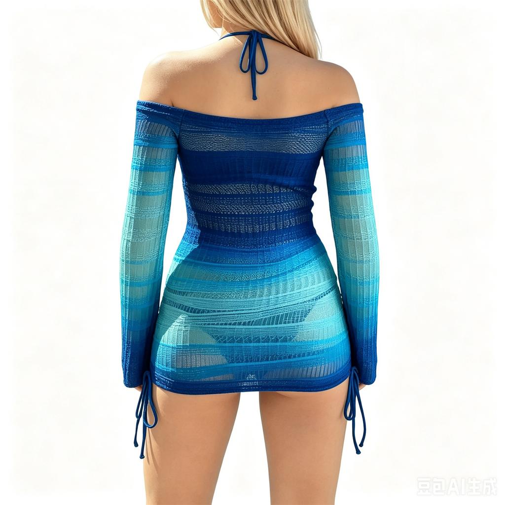 Women Mesh Long Sleeve Cover Up Bikini Set Three Piece Includes Sheer Off Shoulder Dress and Two Piece Swimsuit for Beach Pool Vacation