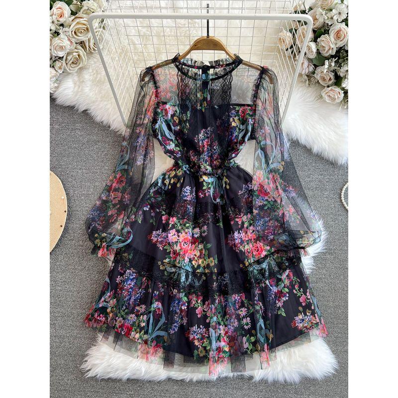 

Spring and Autumn Ladies Long Sleeves A- line Dress Mesh Black S