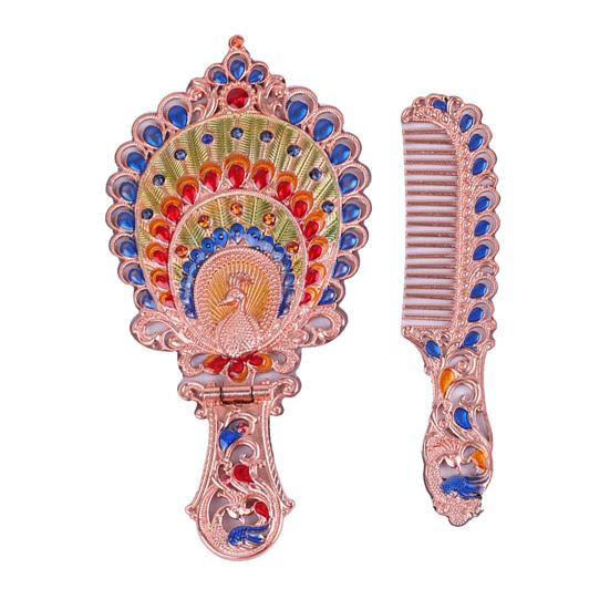 Vintage Folding Hand Mirror with Carved Comb Portable Travel Long Handle Metal Makeup Mirror Women Decorative Handheld Desk Vanity Mirror