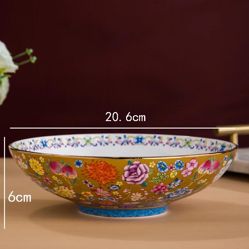 Gold Stroke 8 Inches Large Soup Bowls Salad Bowl Ceramic Plate Palace Style Restaurant Home Ten Thousand Flower Enamel Tableware
