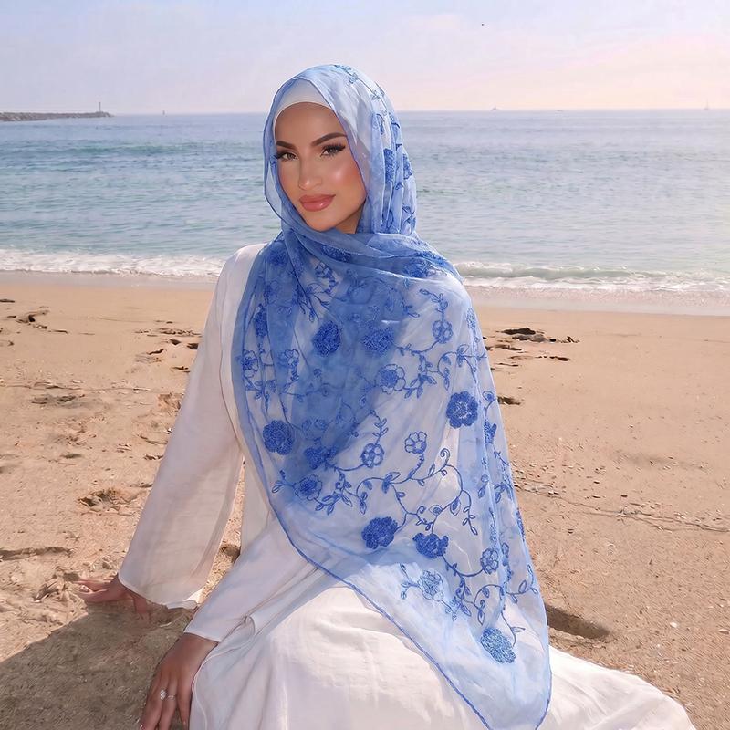 Floral Embroidery Muslim Hijab Sheer Scarf Soft Lightweight Headscarf for Women Daily Modest Wear Islamic Head Wrap Accessory