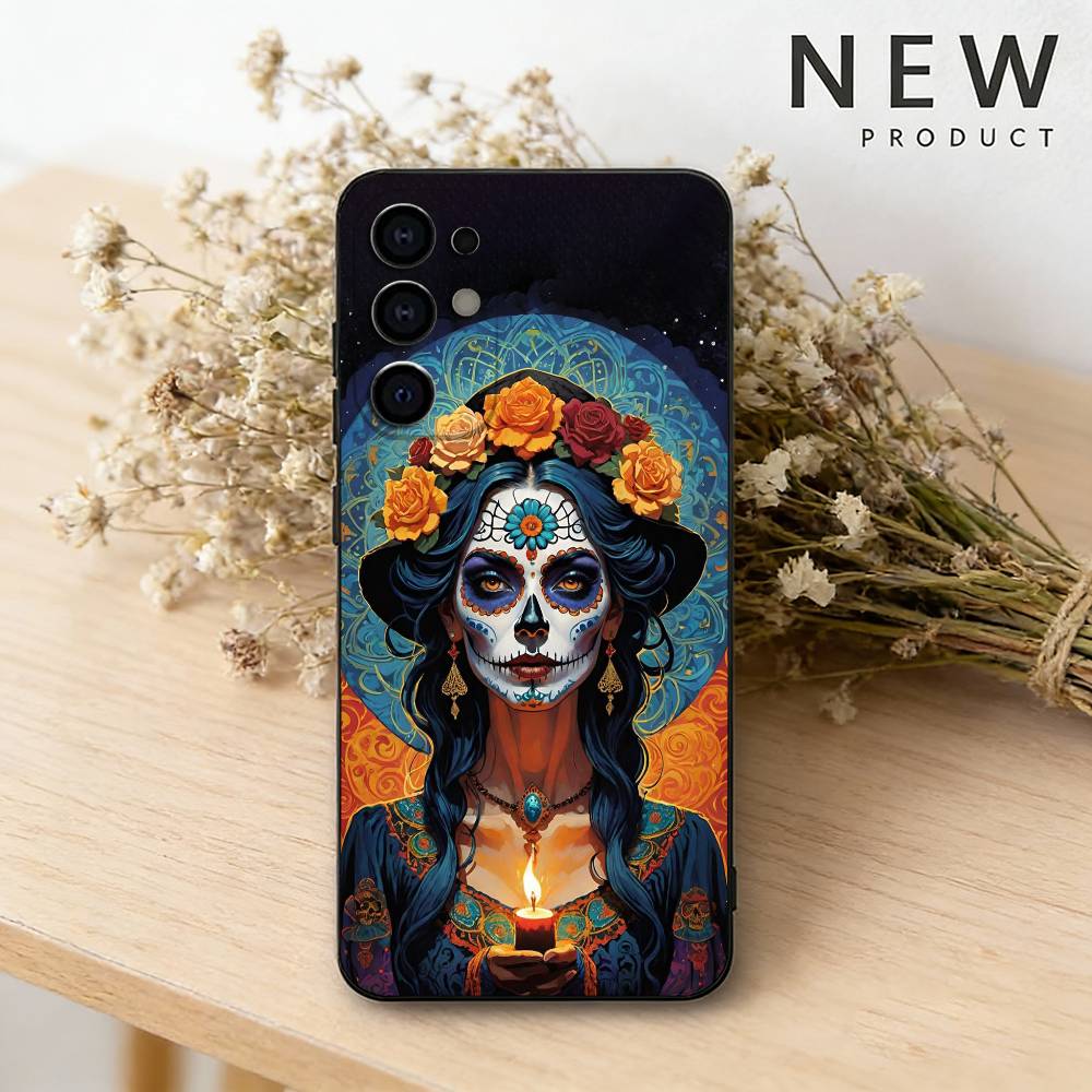 Mexican Catrina Skull Phone Case For Samsung S26,25,24,23,22,21,20,30,Ultra,Plus,Fe,Lite Black Shell