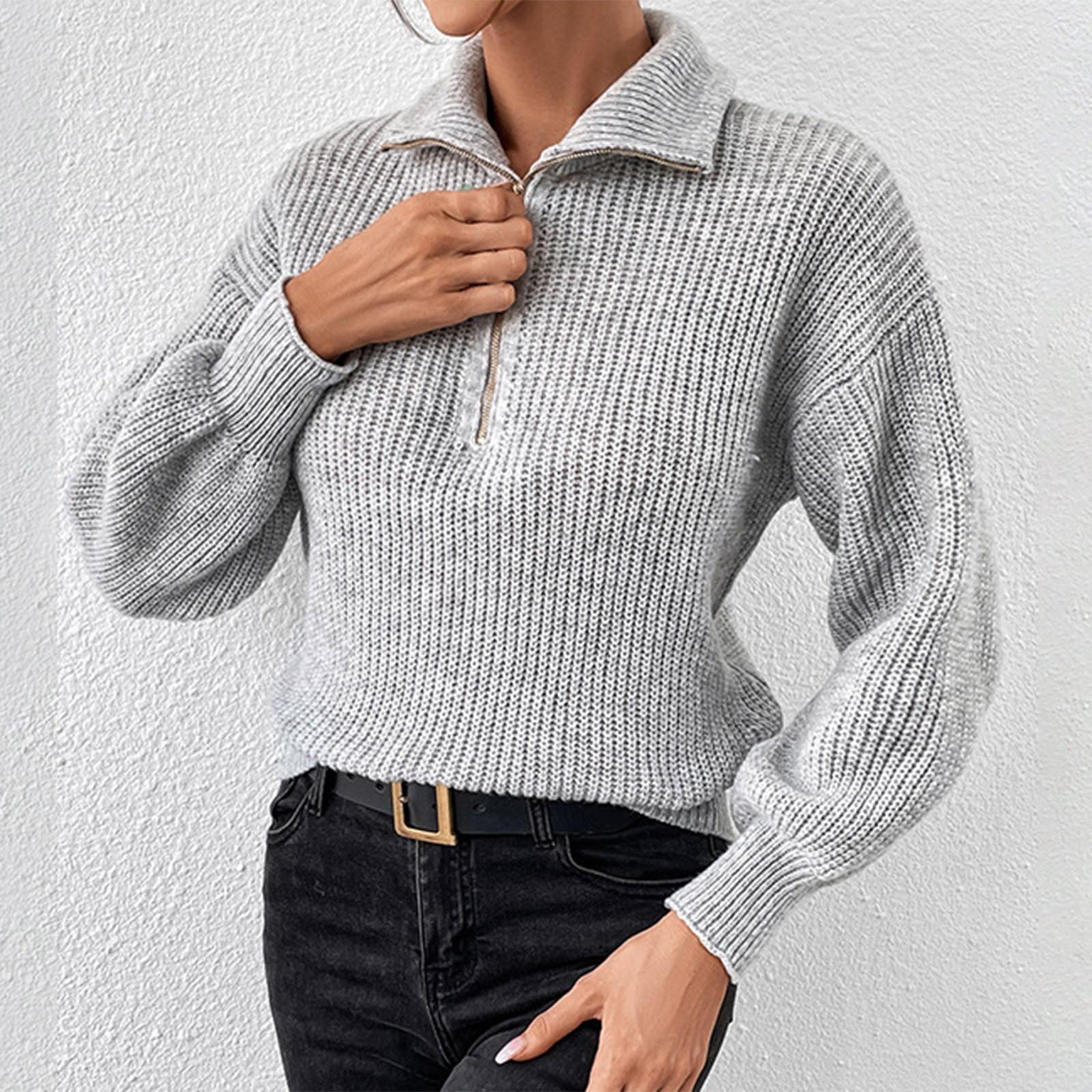 

Пуловер на молнии, модный однотонный свободный повседневный свитер с длинным рукавом и воротником-молнией для женщин M