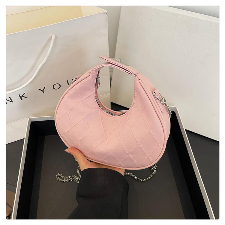 

Rhombus embroidery thread chain bag 2024 new solid color temperament lock messenger bag fashion casual shoulder crescent bag рожевий