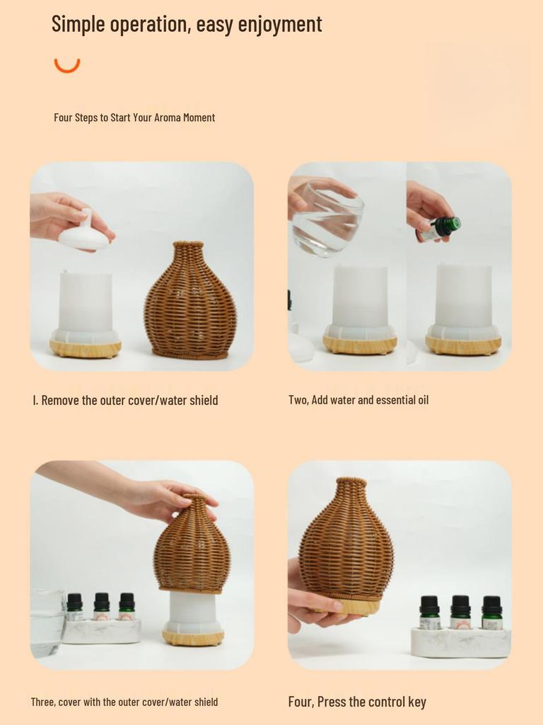 Wood Grain Rattan USB Ultrasonic Aroma Diffuser & Humidifier: Silent, Large Mist Volume