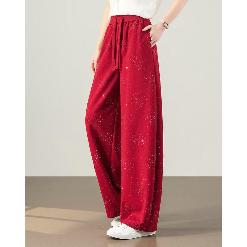 TERRE BLEUE Women's Rhinestone Design Casual Wide-Leg Pants