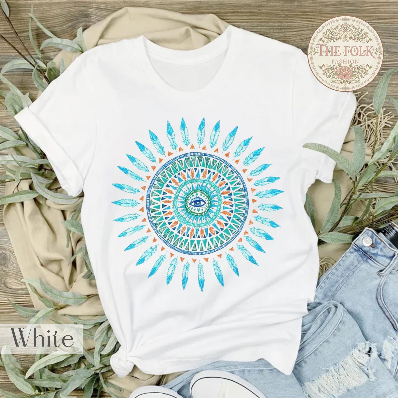 Boho Feather Mandala T-Shirt, Turquoise Spiritual Graphic Tee, Bohemian Sun Mandala Summer Shirt Spiritual Yoga Shirt M