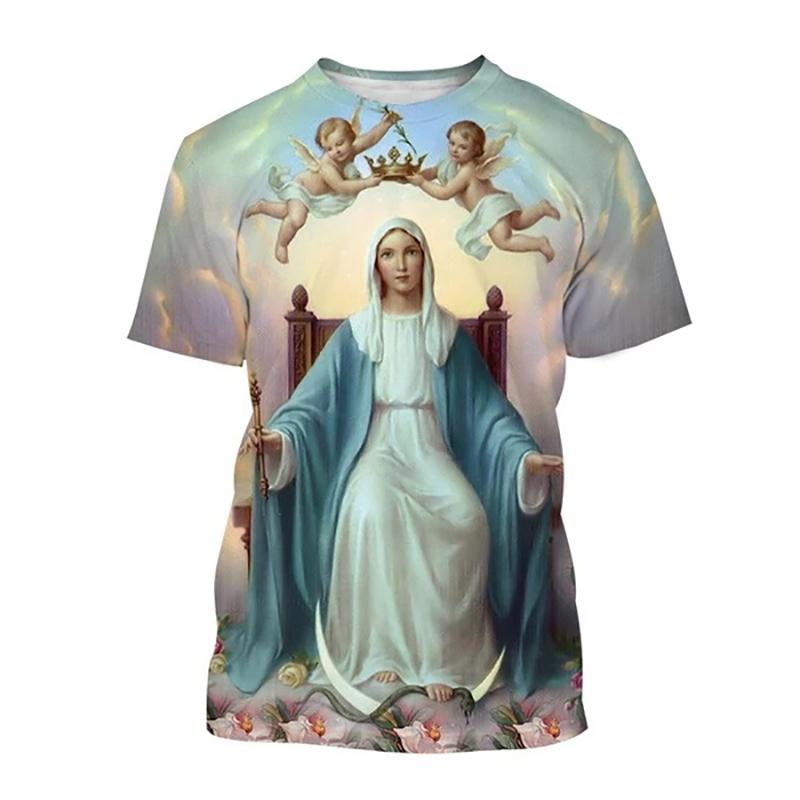 Camiseta 2025 Nuevo Verano Virgen María Estampado 3D Hombres Mujeres Cuello Redondo Manga Corta Camisetas Ropa Urbana Harajuku Camisetas Tops para Niños