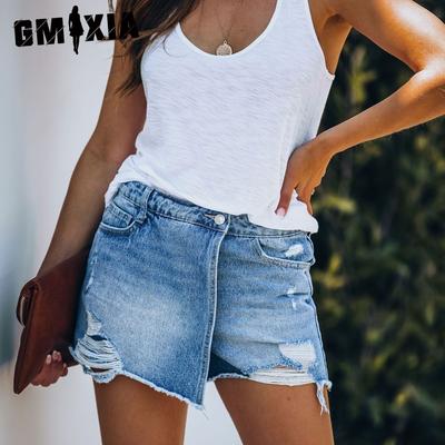 Summer Casual Style Washed Ripped Trouser Skirt Light Blue Denim Shorts for Women