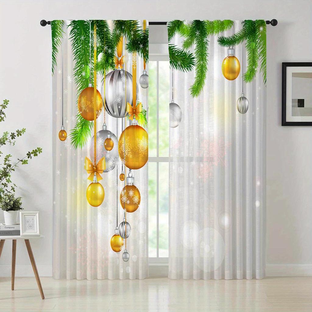 Glam Christmas Curtains Semi-Sheer Polyester Rod Pocket Drapes with Festive Holiday Print for Living Room Bedroom Window Decor