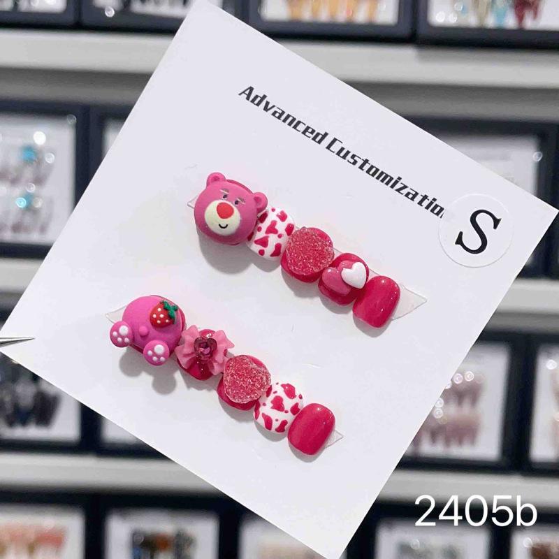 Kids 3D Strawberry Bear Wearable Nail Art Stickers - Handmade Short Nails