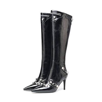 Natural Cow Leather Autumn Winter Shoes Stiletto Thin High Heels Big Size 46 Rivets Women Keep Warm Thigh High Boots