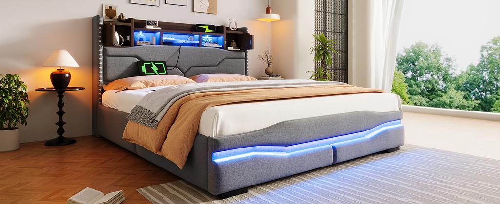 Upholstered Bed, 160x200cm, with USB C Charging Function, Headboard with Storage Compartment, Hydraulic Bed, without Mattress, With LED Lights, Grey
