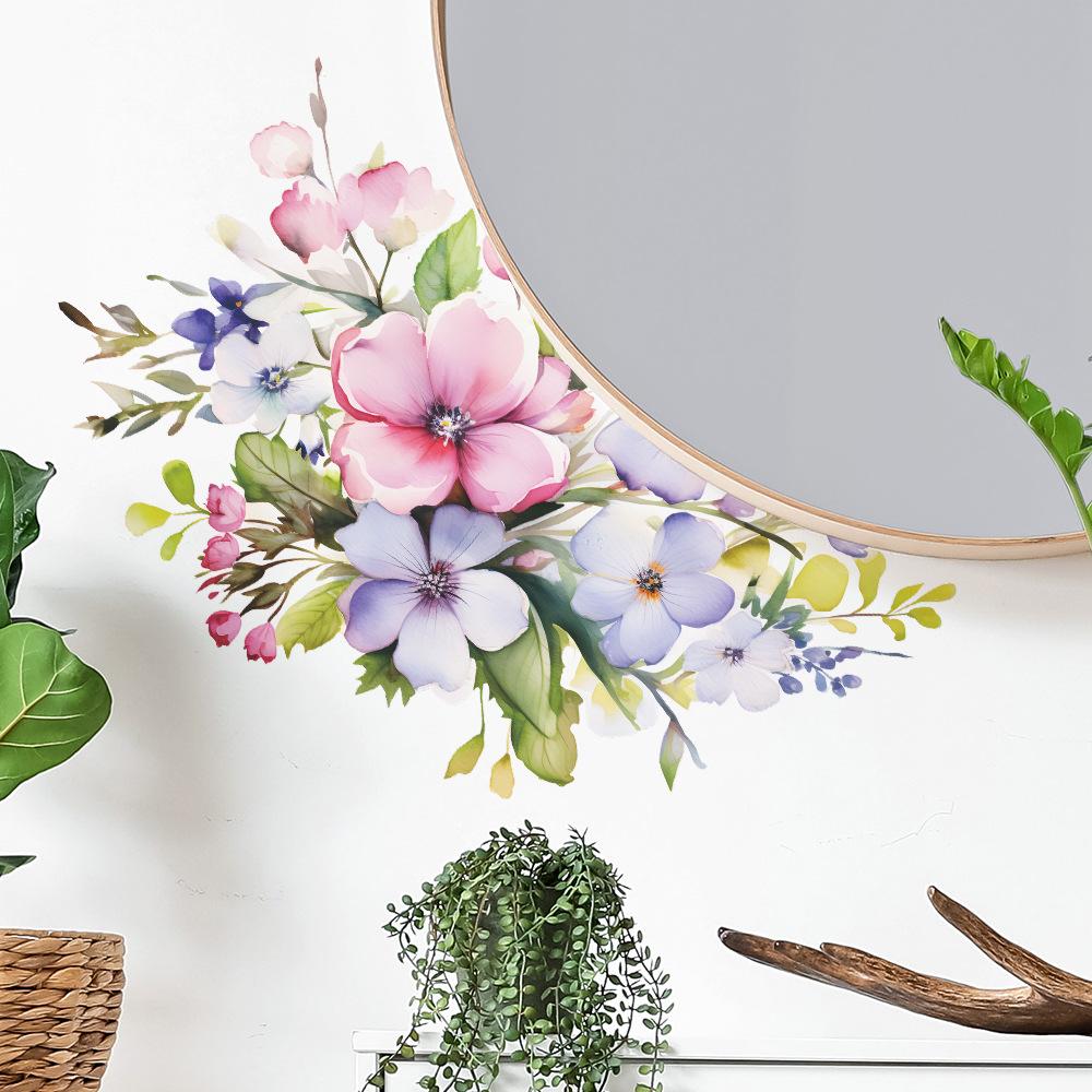 Watercolor Flowers Green Plant Leaves Bedroom Living Room Study Background Landscaping Wall Stickers Self-adhesive