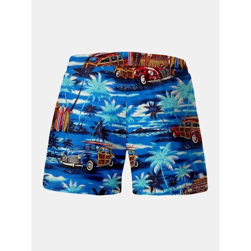 Summer New Coconut Tree Car Drawstring Beach Print Seaside Beach Casual Men'S Shorts