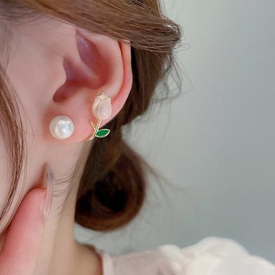 1 Pair Stud Earrings Flower Faux Pearl Jewelry Korean Style Dripping Oil Ear Studs