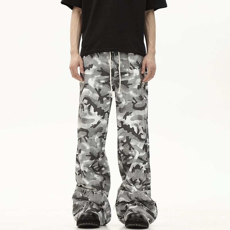 

2024 Men s Retro Distressed Gray & White Camouflage Flared Drawstring Pants XL камуфляжний