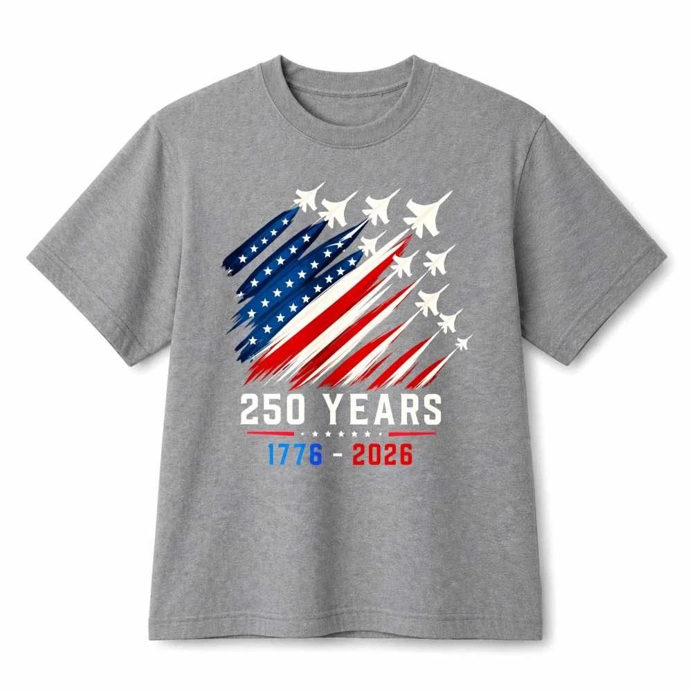 250 Years 1776-2026 Fighter Jet USA Flag Patriotic Graphic Cotton T-Shirt Unisex L