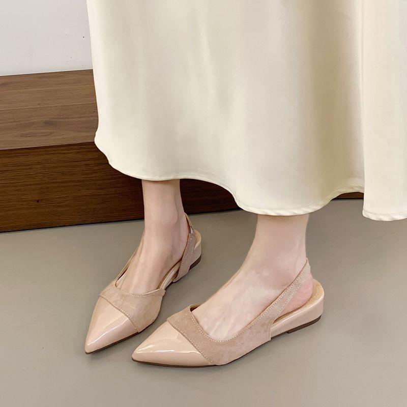 2025 Early Spring New Apricot Versatile Pointed Single Shoes Trendy Spring and Summer French Bag Head Sandals Women's Rear Air Temperament Splicing