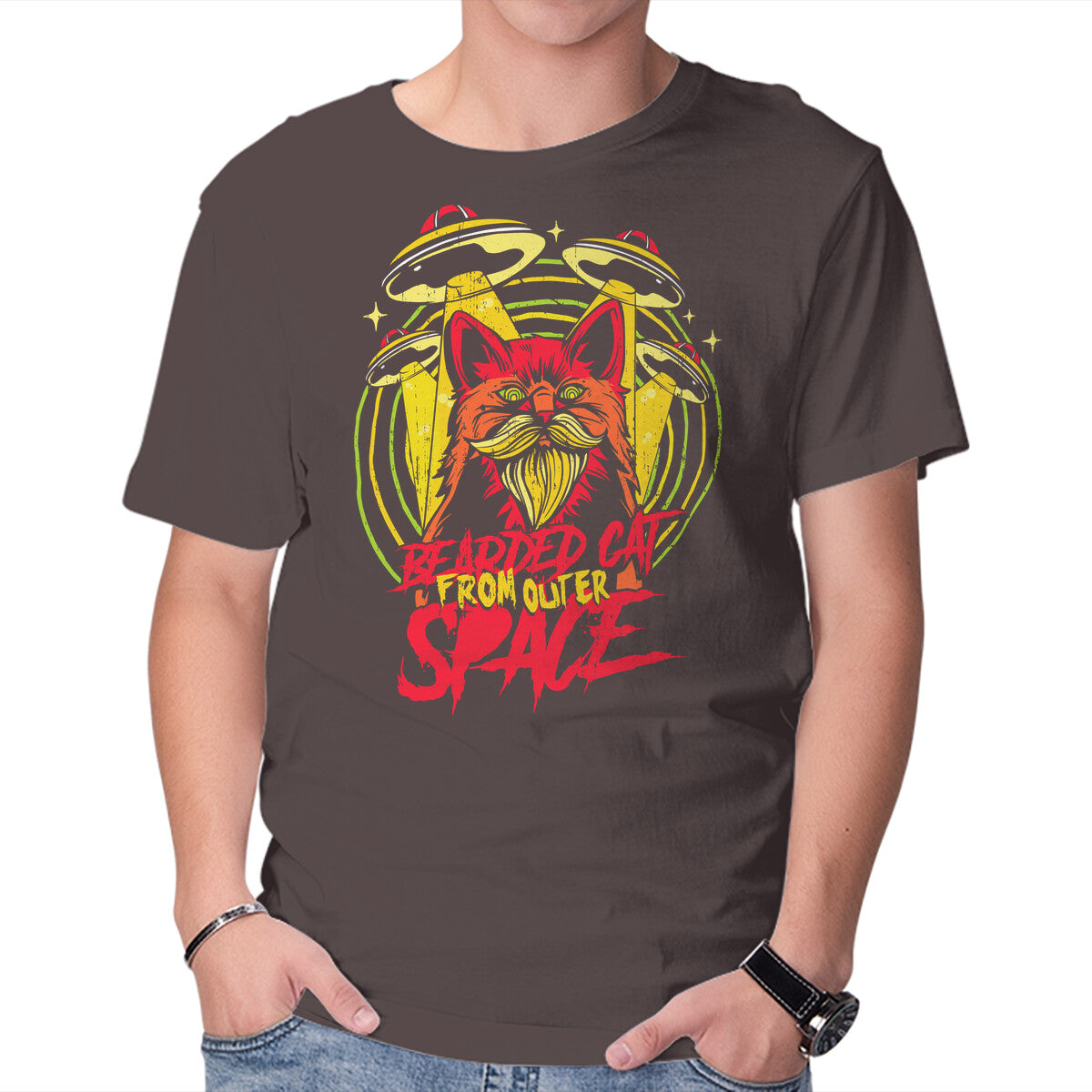 Unisex Crew Neck T-Shirt Bearded Cat From Outer Space Graphic Short Sleeve Casual Tee XXXXL