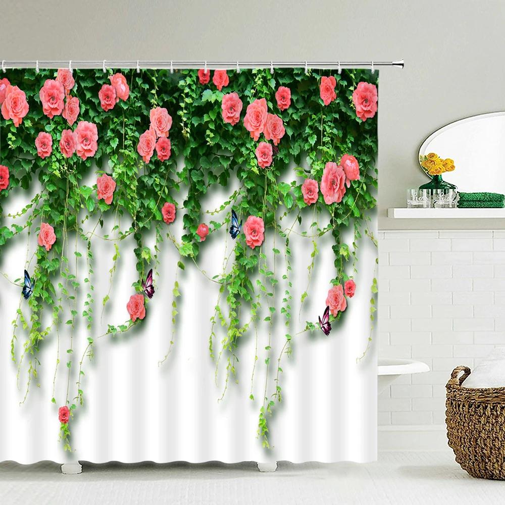 3D Wodoodporna Tkanina Poliestrowa Zasłona Prysznicowa Patio Ściana Kwiatowa Krajobraz Zasłony Łazienkowe z Haczykami Dekor Wanny Ekran