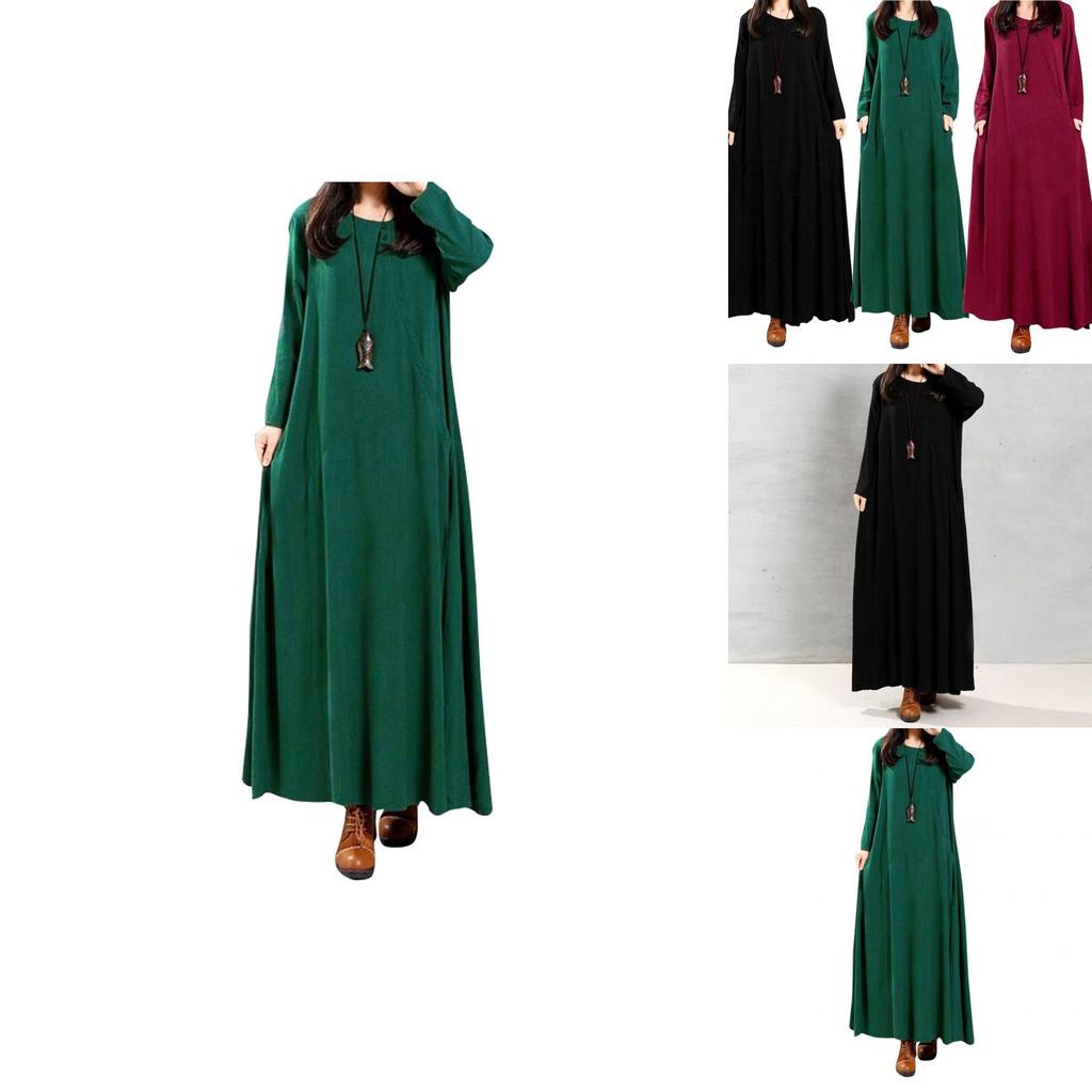 Elegant Plus Size Women Cotton Long Sleeve Vintage Kaftan Casual Maxi Dress