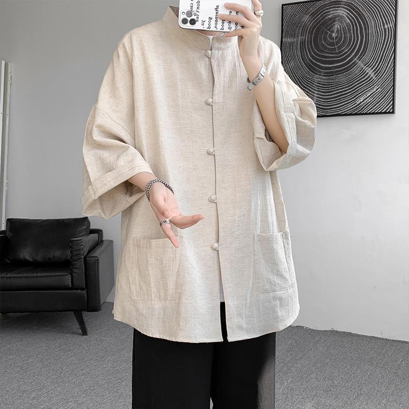 Men's Long-Sleeve Chinese Style Buttoned Linen Shirt Hanfu Tang Suit Plus Size Jacket