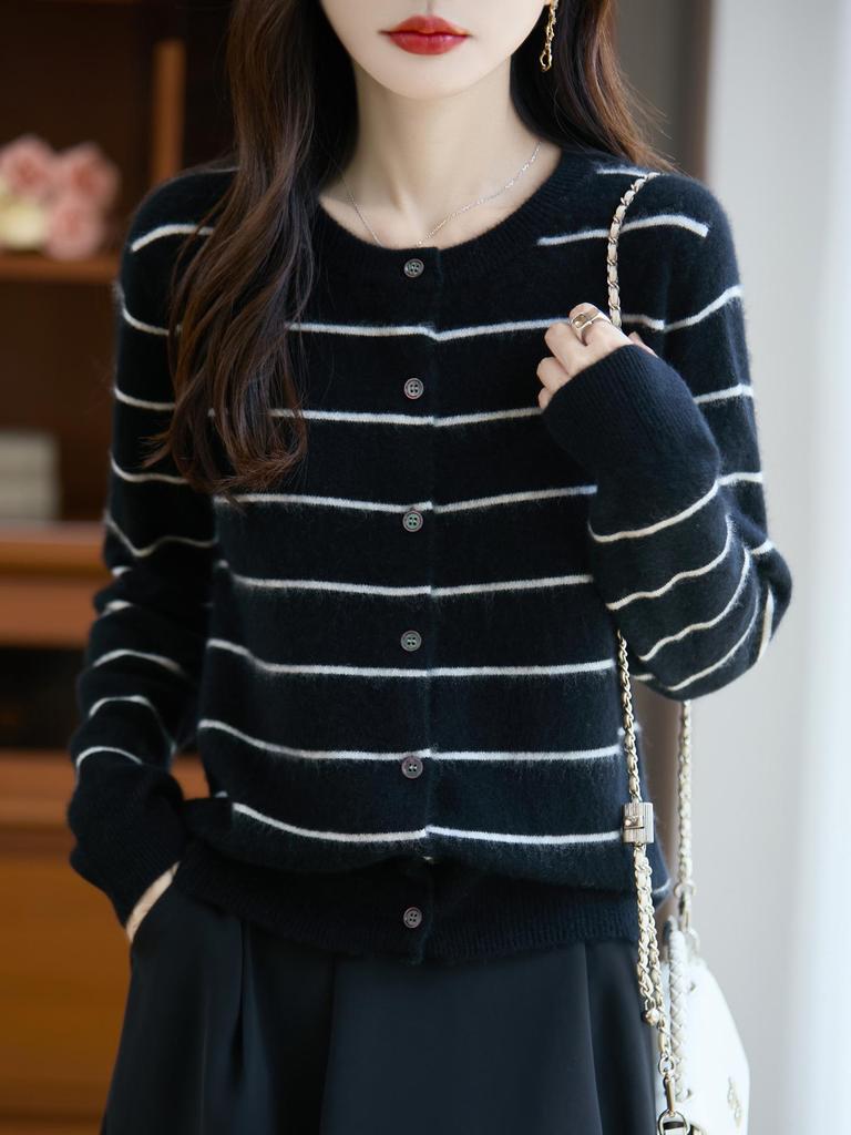 100% Pure Wool Women's Color Block Striped Buttoned Cardigan for 2025 Autumn/Winter