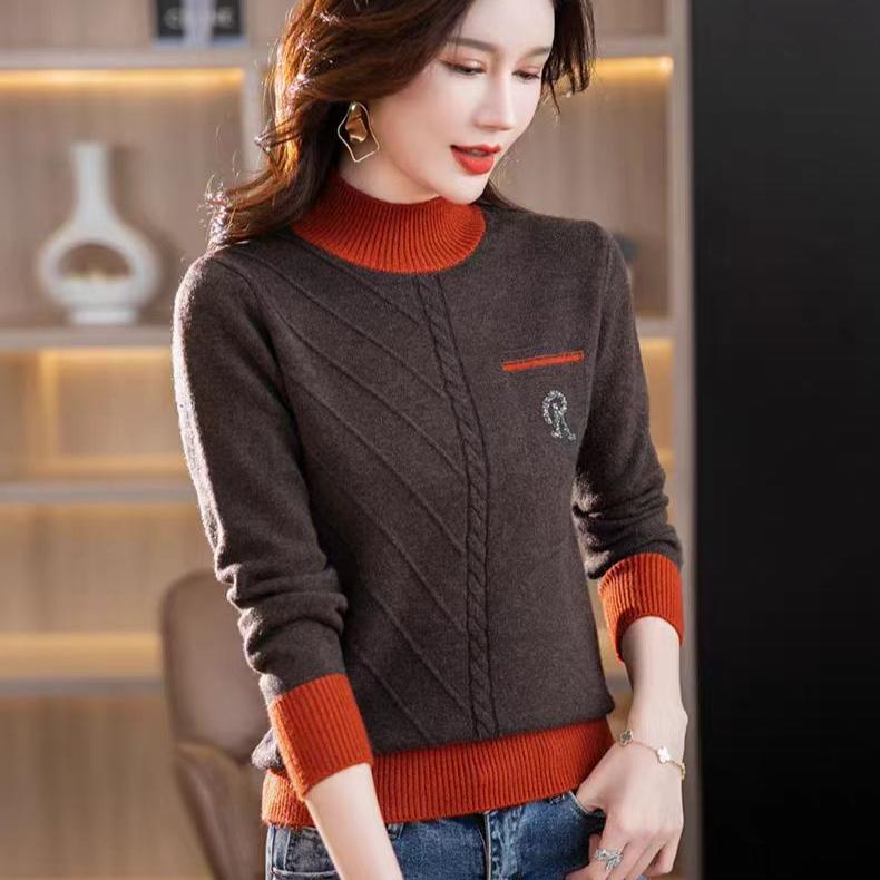 Half Turtleneck Sweater Thick Long-sleeved Knitted Sweater for Women In Autumn and Winter Loose Color-blocked Pullover