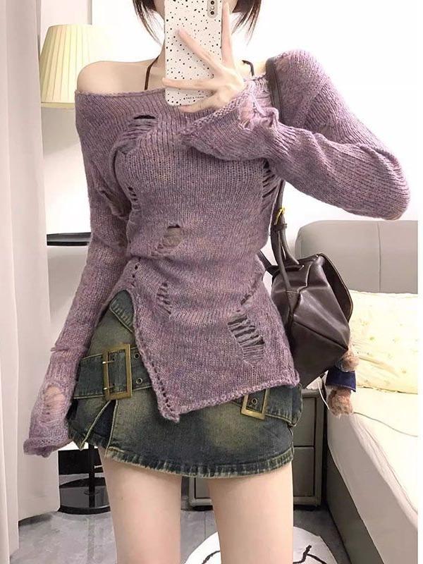 

Пуловеры женские с дырками, с боковыми разрезами, нерегулярные, тонкие, с круглым вырезом, в чистом корейском стиле, удобные, повседневные, шикарные, в уличном стиле, простые, универсальные One Size фиолетовый