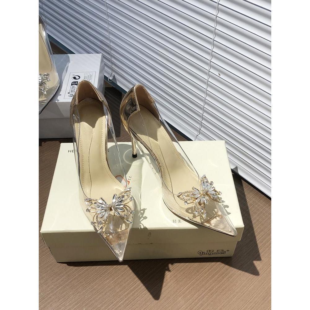 

Rhinestone butterfly transparent crystal single shoes women s thin heels pointed head shallow mouth high heels wedding shoes daily two wear new Frenc 40 шампанского