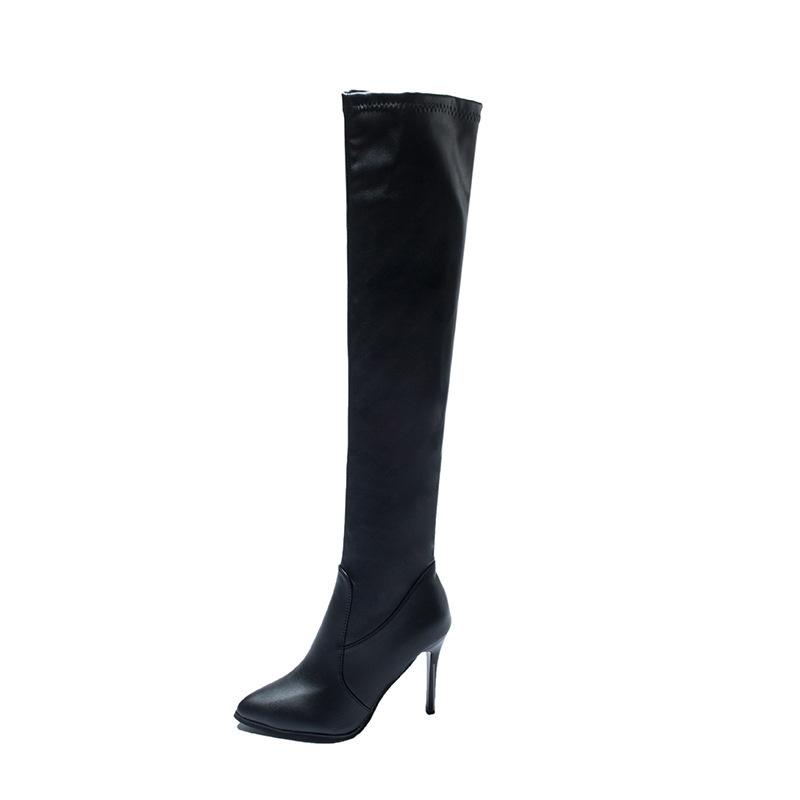 European and American Sexy Long Boots Tall Women's Boots Pointed Tip Thin Heel Elastic Boots Thin Legs Super High Heel Leather Boots Knee Boots