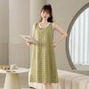 Girls' Korean Spaghetti Strap Nightgown with Built-in Bra, Summer Loose Fit, 100% Cotton, Japanese Plaid, Plus Size, Maternity-Friendly