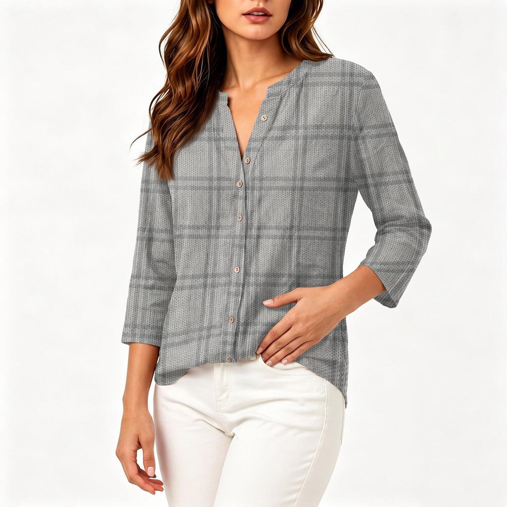 Women's Cotton Linen Shirt with Printed Pattern, Three-Quarter Sleeve Casual Blouse for Everyday Wear