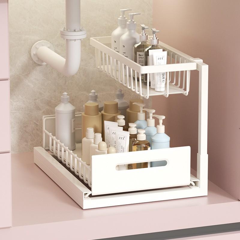 Pull-Out Under Sink Organizer Rack Kitchen Counter Storage Carbon Steel Multi-Use Drawer Basket With Spice Bottle Holder